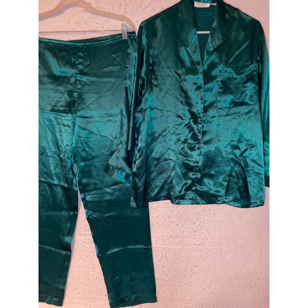 Vintage Victoria Secret Gold Label Emerald green Satin Pajama Set Womens size S